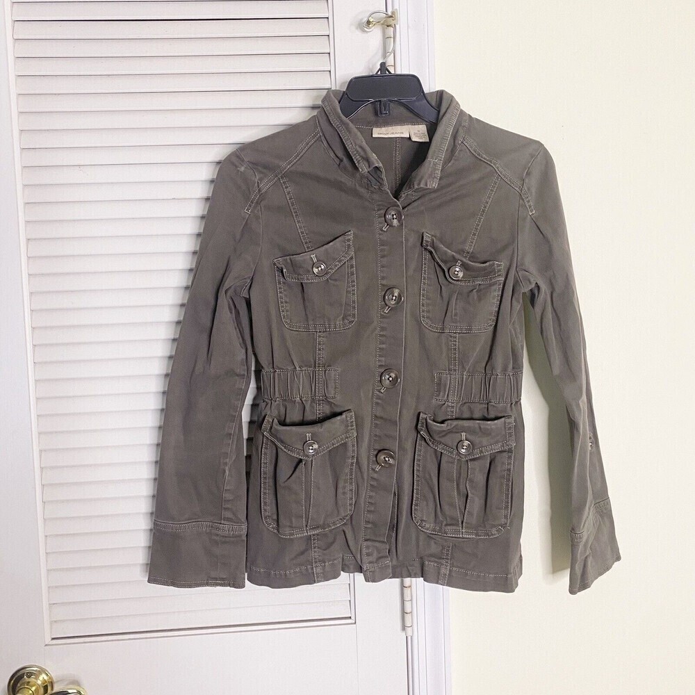 Dkny Womens Cargo Khaki Trench Jacket Longsleeve Utility Button Coat Size Medium